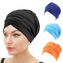 2PC Headbands Women Cotton Elastic Headscarf Stretch Headband Long Tail Head Wrap Bonnet Indian Hat Muslim Headcover Ladies Hair Accessories Y23