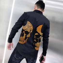 Men's Casual Shirts Pure Cotton Breathable Anti-Wrinkle Men's Shirt Slim Long Sleeve Super Shiny Diamond Double-Sided Skull Exaggerated