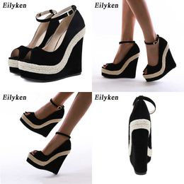 top Brand Sexy Peep Toe Platform Wedges Sandals High Heels Women Straw Summer Party Ankle-Wrap Shoes 230306