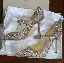 Wedding Dress Bridal Shoes Baily Mary Jane Pumps with Crystal Pearl Strap Lady High Heels Sexy Point Toe Famous Women's