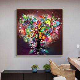 Abstract Life Tree With Colorful Butterflies Canvas Painting Nordic Cartoon Wall Posters And Prints For Living Room Home Decor