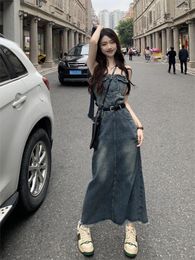 Casual Dresses Spring Women Retro Solid Color Denim Strapless Frocks Multi-Pocket Design Mid-long Female Dress Ankle-Length Streetwear