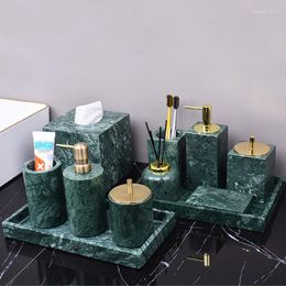 Bath Accessory Set Wholesale Customized Dark Green Natural Marble Bathroom Nordic Light Luxury Tray Toothbrush Holder Soap Dispenser Kit