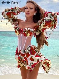 Casual Dresses Sexy Flower Puff Sleeve Print Women's Mini Dress Strapless Slim Female Vestidos 2023 Spring Summer Beach Party Lady 230419