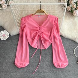 Women's Blouses Spring Europe And The United States Wind Bubble Long-sleeved V-neck Drawstring Waist Thin Short Chiffon Tops