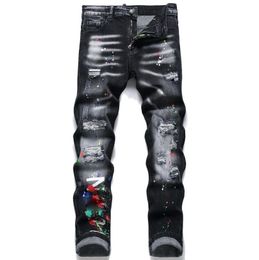 2023 Men's Jeans Mens Fashion Tide Brand Swinging Ink Pants Washing Worn Out Torn Paint Locomotive Pants