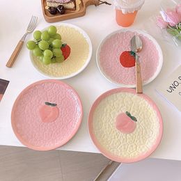 Plates Kawaii Strawberry Peach Plate For Ceramics Cute Pink Breakfast Cake Snack Fruit Dessert Decorative Dish Kitchen Tableware