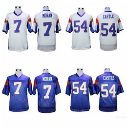 Moive Football Mountain State Jerseys 7 Alex Moran 54 Thad Castle College Home Blue Away White All Ed Breathable University for Sport Fans Embroidery