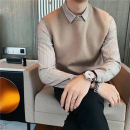 Men's Sweaters Brand Clothing Men High Quality Casual Knit Sweaters/Male slim fit Fake Two piece knit shirts Striped Shirt Plus Size S-4XL 231118