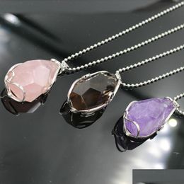 Pendant Necklaces Sier Plated Wire Wrap Irregar Necklace Cut Gemstone Healing Energy Natural Crystal Amethyst Powder Tea Drop Delive Dhnfv