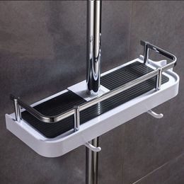 Bathroom Shelves Shower Storage Rack Organiser No Drilling Lifting Rod Head Holder Gel Shampoo Tray Pole 230418