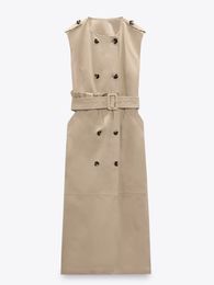 Casual Dresses RR2453 Trench Coat Gabardine Womens O Neck Sleeveless Midi Female Double breasted Button Fastening Long 230419