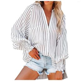 Women's Blouses 2023 Cotton Linen Shirts Casual Lapel Buttons Striped Long Sleeve Elegant Office Ladies Loose Korea Shirt Tops