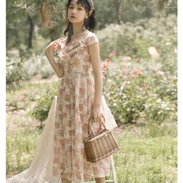 Casual Dresses Summer Women Fairy Dress Elegant Gorgeous Long Florals Chiffon Spaghetti Strap Floral Printed Hollow Out Romantic