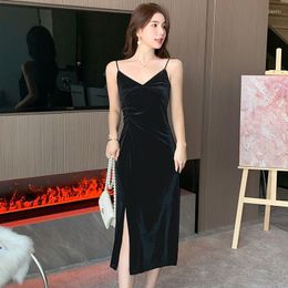 Casual Dresses Women's Gold Velvet V-neck Sling Slit Nightclub Evening Dress Female Sleeveless Beach Party Ladies Vestidos G45