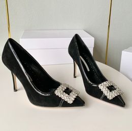 Crystal Buckle Decoration Pumps Cotton Material Denim High Heels Pointed Toe Slip-on Stiletto Heel Women's Designer Evening Party Flat Shoes