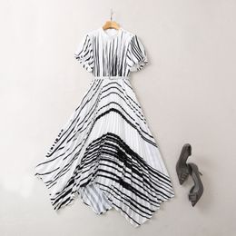 2023 Summer White Striped Print Belted Dress Short Sleeve Stand Collar Pleated Midi Casual Dresses A3A101459