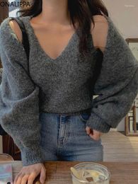 Women's Knits Vintage Two Pieces Set Knitted Cardigan Korean Chic Low V Neck Sweater Vest Solid Colour Open Stitch Long Sleeve Shawl