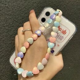 Trendy Colourful Love Heart Cell Phone Straps Beaded Mobile Phone Chain Women Wrist Phone Lanyard Telephone Pendant Anti-lost Handmade Cord Lanyard Accessories