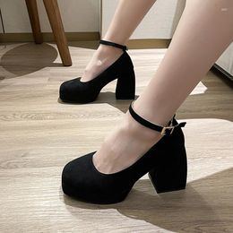 Dress Shoes 2023 Women's Pumps Fashion Square Head Buckle Ladies Thick Heels High Retro Faux Suede Women Platform Party