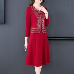 Work Dresses 2023 Autumn Large Size Women's French Cardigan Long-Sleeve Coat Red Vest Dress Suit Retro Elegant Jacket Two Piece Set T