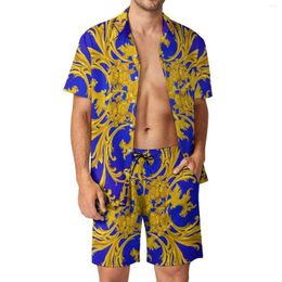 Men's Tracksuits Baroque Floral Men Sets Blue And Gold Casual Shirt Set Trendy Beach Shorts Summer Custom Suit Two-piece Clothing Large Size