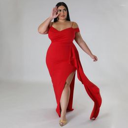 Plus Size Dresses KEXU Spaghetti Strap V-neck Maxi Dress Women Evening Elegant Club Wear Sexy Side Slit Celebrity Party Long