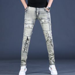 Summer Vintage Jeans Men Streetwear Casual Slim Fit Straight Pants Biker Retro Denim Trousers