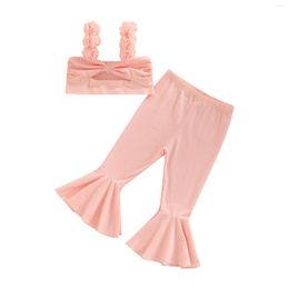 Clothing Sets 2023 0-6Y Kids Girl Summer Sweet Hollow Bow Square Collar Flower Straps Crop Top Vest Flare Pants Cute Pink Outfits Set