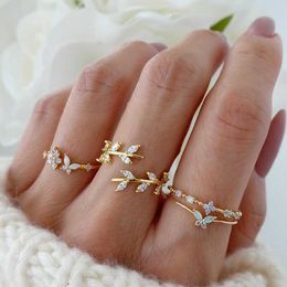 Band Rings FNIO 2023 Korean Fashion Temperament Crystal Twisted Leaves Flowers Ring Set For Women Jewelry