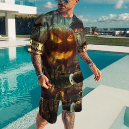 Men's T Shirts Fashion Men's Round Neck T-shirt Set Halloween Pumpkin Lantern 3D Print Shorts Unisex Casual Sports Short Sleeve