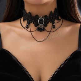 Gothic Multilayer Black Lace Crystal Pendant Choker Necklace for Women Vintage Sexy Tassel Chain Halloween Jewelry Accessories