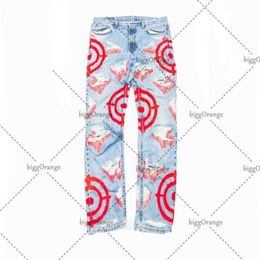 Men's Jeans 2023 American Style Street Hip Hop Ripped High Waist Light Blue Target Print Retro Casual Straight Wide Leg Pants 230419