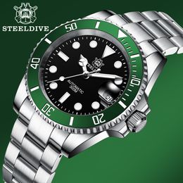 Wristwatches STEELDIVE SD1953 Black Dial Green Ceramic Bezel NH35 Automatic Watch 300M Waterproof Sapphire Glass Men Dive Watches 230419
