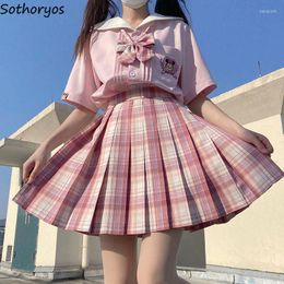 Skirts Women Pink Plaid Pleated JK Sweet Girls Loose Fashion Mini All-match Teenagers High Quality Lovely Females Japanese Chic