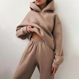 Women's Hoodies Two Piece Sets Women Tracksuit Winter Fleece Solid Long Sleeve Jogger Pants Suits Female Casual Fashion Loose Sportswear