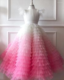 Girl Dresses Pink Flower Sleeveless For Wedding Occasion Tulle Full Length Junior Bridesmaid Clothing Child