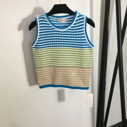 23SS Women Designer Tee Knits Designer T shirts Designer Tops With Multicolor Striped Hollow Out Letter Sign Girls Crop Top Runway Brand Stretch Sleeveless Pullover