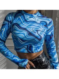 Women's T-Shirt Fashion Printed Women Long Sleeve Crop Tops Sexy Exposed Navel Gym T-shirts Quick Dry Fitness Workout Women Clothes Summer 230418