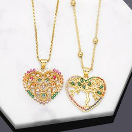 Pendant Necklaces FLOLA Multicolor Crystal Big Heart For Women CZ Green Tree Of Life Necklace Gold Plated Romantic Jewelry Gifts Nkeb695