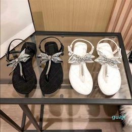 Summer Flat Sandal Crystal Bowknot Designer Shoes Leather Fashion Sandals Outdoor Leisure Sandbeach Shoes Sandal