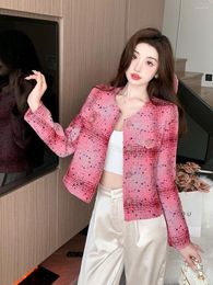 Women's Jackets Autumn Winter Woman Jacket Vintage Luxury Pink Tweed Coat Female Elegant Ladies Single-Breasted O Neck Outwear Tops