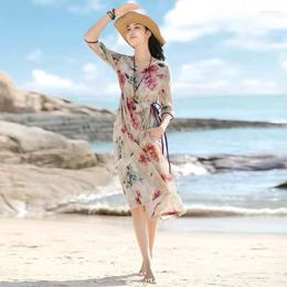 Casual Dresses Vintage Fashion V Neck Elegant A-LINE Dress Loose Waist Three Quarter Sleeves Printed Knee Length Womens Clothing M340