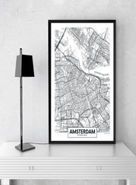 Modern City Amsterdam Map Minimalist Canvas Painting Black and White Wall Art Print Poster Pictures For Living Room Home Decor3200063