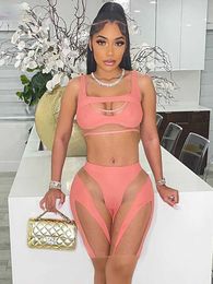 Women's Tracksuits Weird Puss Mesh Patchwork Sexy 2 Piece Set Hollow Out Summer Sporty Tank TopandBiker Shorts Hot Girl Matching Streetwear Outfits P230419