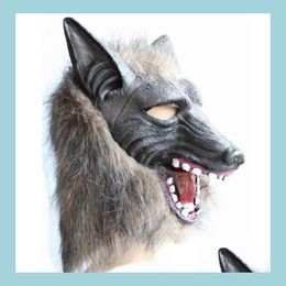 Party Masks Scary Fur Latex Fl Head Overhead Wolf Mask Py Halloween Cosplay Masquerade Fancy Dress Up Theatre Adt Costume Props Grey Dhz67