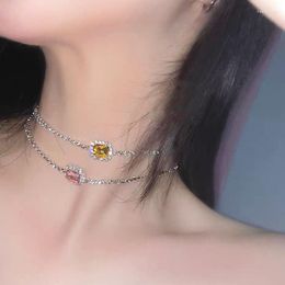 Choker BLIJERY Unique Temperament For Women's Neck Chain Yellow Pink Colour Crystal Rhinestones Necklace Jewellery Accessories