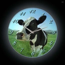 Wall Clocks Highland Cow Dairy Cattle LED Night Light Clock Mistal Barn Farmhouse Luminous Neon Sign Colour Changing Glow In