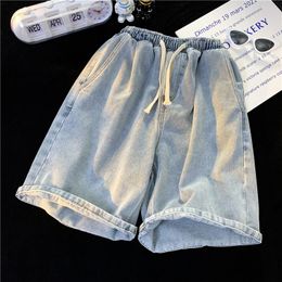 Men's Shorts Summer Men's Casual Jeans Shorts Simple Drawstring Knee Length Short Denim Pant Blue Black Bermuda Shorts for Male 230419