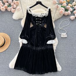 Basic Casual Dresses Elegant Fashion Women's Dress Lace Flower Patchwork Ruffles Velvet High Waist A-line Dresses Winter Spring 2024 New